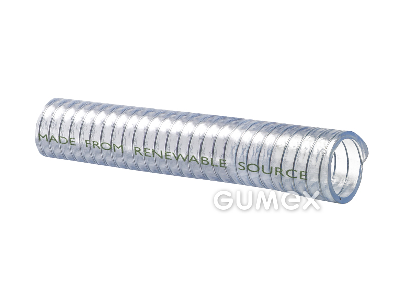 Potravinová tlakosací hadice na tekuté poživatiny PLUTONE BIO, 10/16mm, 7bar/-0,85bar, PVC, ocelová spirála, -10°C/+60°C, (EU 10/2011 A,B,C,D1), transparentní